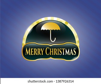  Golden emblem or badge with umbrella icon and Merry Christmas text inside