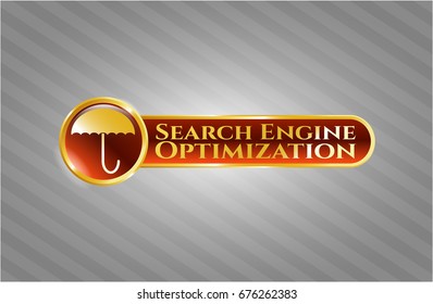  Golden emblem or badge with Umbrella icon and Search Engine Optimization text inside