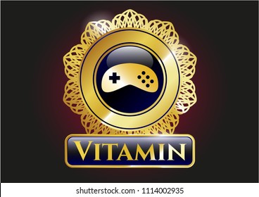   Golden emblem or badge with video game icon and Vitamin text inside