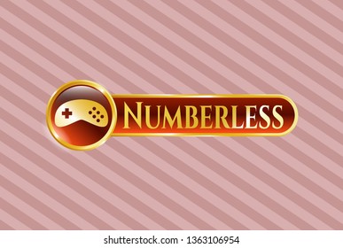  Golden emblem or badge with video game icon and Numberless text inside