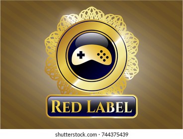  Golden emblem or badge with video game icon and Red Label text inside