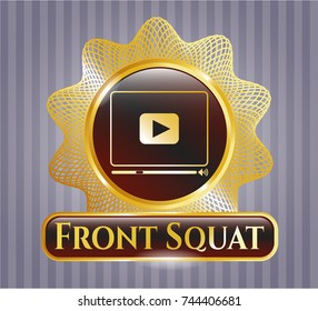  Golden emblem or badge with video player icon and Front Squat text inside