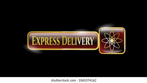  Golden emblem or badge w Gold badge or emblem with atom icon and Express Delivery text insideith atom icon and Express Delivery text inside