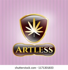  Golden emblem or badge with weed leaf icon and Artless text inside