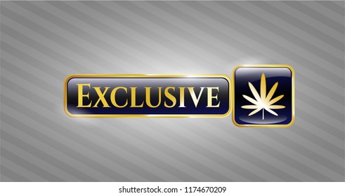  Golden emblem or badge with weed leaf icon and Exclusive text inside