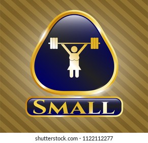  Golden emblem or badge with weightlifter girl icon and Small text inside