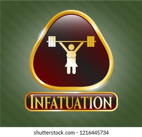  Golden emblem or badge with weightlifter girl icon and Infatuation text inside