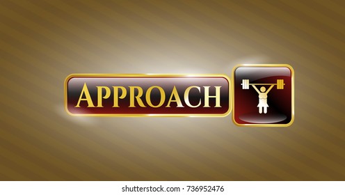  Golden emblem or badge with weightlifter girl icon and Approach text inside