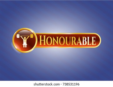  Golden emblem or badge with weightlifter girl icon and Honourable text inside