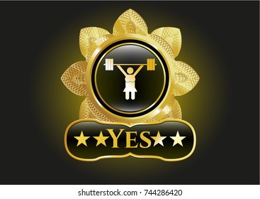  Golden emblem or badge with weightlifter girl icon and Yes text inside