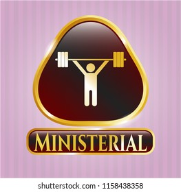  Golden emblem or badge with weightlifting icon and Ministerial text inside