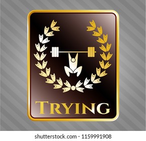  Golden emblem or badge with weightlifting inside of crown icon and Trying text inside