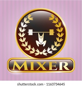  Golden emblem or badge with weightlifting inside of crown icon and Mixer text inside