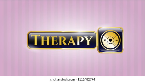  Golden emblem or badge with weightlifting or powerlifting plate (45 lbs) icon and Therapy text inside