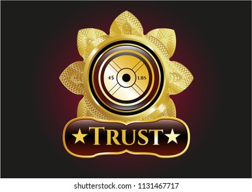  Golden emblem or badge with weightlifting or powerlifting plate (45 lbs) icon and Trust text inside