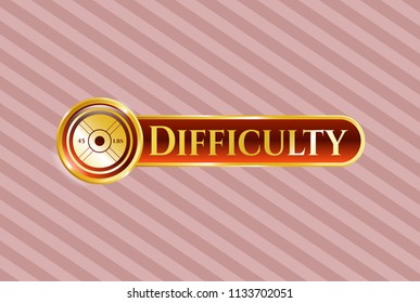  Golden emblem or badge with weightlifting or powerlifting plate (45 lbs) icon and Difficulty text inside