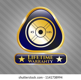  Golden emblem or badge with weightlifting or powerlifting plate (45 lbs) icon and Life Time Warranty text inside