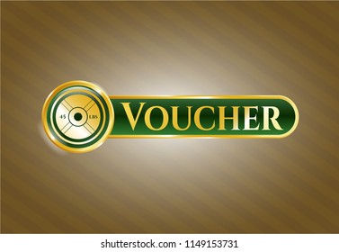  Golden emblem or badge with weightlifting or powerlifting plate (45 lbs) icon and Voucher text inside