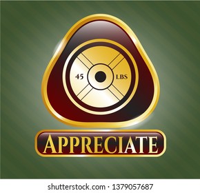  Golden emblem or badge with weightlifting or powerlifting plate (45 lbs) icon and Appreciate text inside