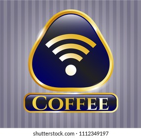   Golden emblem or badge with wifi signal icon and Coffee text inside
