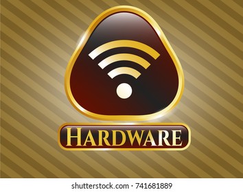  Golden emblem or badge with wifi signal icon and Hardware text inside