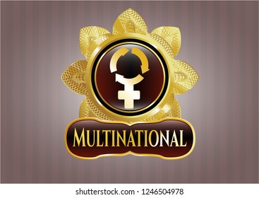  Golden emblem or badge with women cycle icon and Multinational text inside