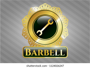  Golden emblem or badge with wrench icon and Barbell text inside