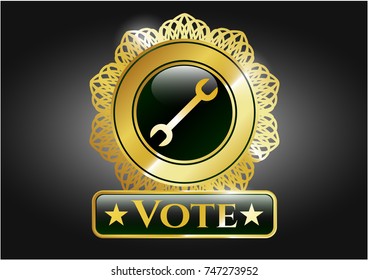  Golden emblem or badge with wrench icon and Vote text inside