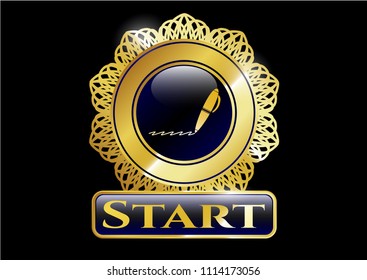  Golden emblem or badge with writer icon and Start text inside