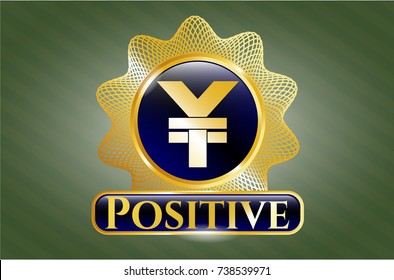  Golden emblem or badge with yuan icon and Positive text inside