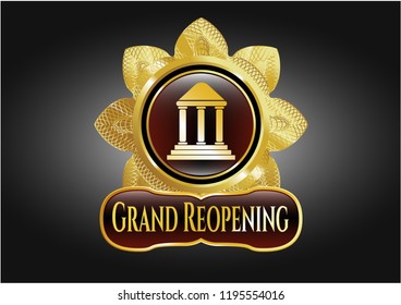  Golden emblem with bank icon and Grand Reopening text inside