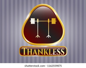  Golden emblem with barbell on rack icon and Thankless text inside