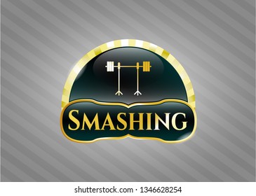  Golden emblem with barbell on rack icon and Smashing text inside