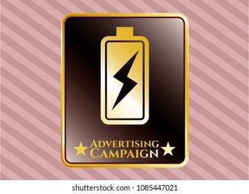  Golden Emblem With Batter Gold Shiny Emblem With Battery Charging Icon And Advertising Campaign Text Insidey Charging Icon And Advertising Campaign Text Inside