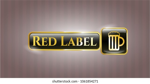   Golden emblem with beer jar icon and Red Label text inside