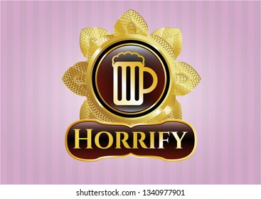  Golden emblem with beer jar icon and Horrify text inside