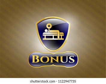   Golden emblem with bench press icon and Bonus text inside