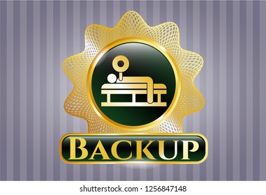  Golden emblem with bench press icon and Backup text inside