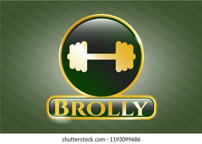 Golden emblem with big dumbbell icon and Brolly text inside