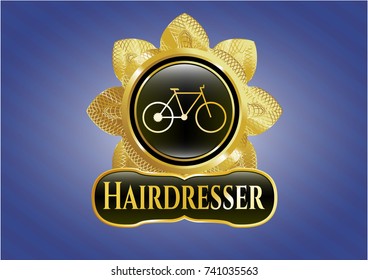  Golden emblem with bike icon and Hairdresser text inside