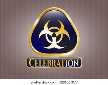  Golden emblem with biohazard icon and Celebration text inside