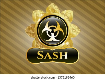  Golden emblem with biohazard icon and Sash text inside