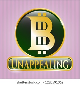  Golden emblem with bitcoin icon and Unappealing text inside