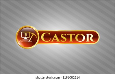  Golden emblem with bitcoin mining icon and Castor text inside