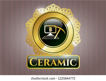  Golden emblem with bitcoin mining icon and Ceramic text inside