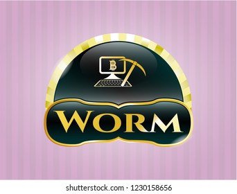  Golden emblem with bitcoin mining icon and Worm text inside