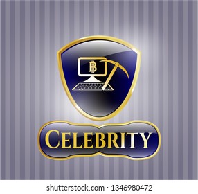  Golden emblem with bitcoin mining icon and Celebrity text inside