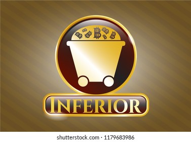  Golden emblem with Bitcoin mining trolley icon and Inferior text inside
