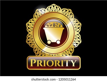  Golden emblem with Bitcoin mining trolley icon and Priority text inside