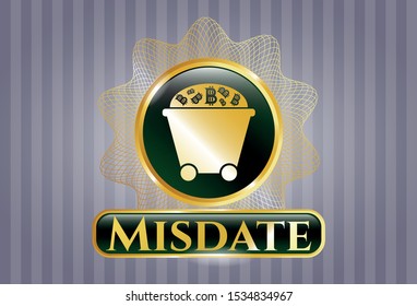  Golden emblem with Bitcoin mining trolley icon and Misdate text inside